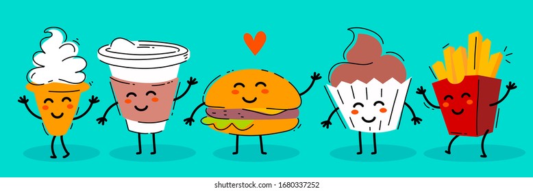 Vector illustration of fast food friend with heart. Happy french fries, cupcake, coffee, burger and ice cream character together on green background. Flat line art style design for web, card, banner