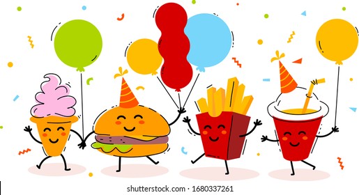 Imagen vectorial de la fiesta de amigos de comida rápida sobre fondo blanco. Felices papas fritas, cola, hamburguesa, personaje de helado bailando junto con globo de aire. Diseño de estilo artístico de línea plana para tarjetas, pancartas