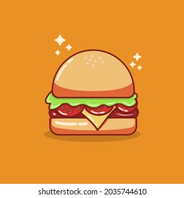 Vector illustration of fast food hamburger. Isolated on flat design on orange background. flat design