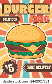 vector illustration, fast food hamburger retro poster template, with vintage colorful