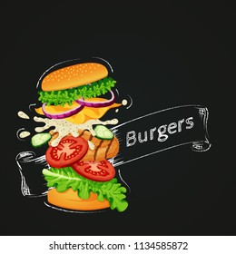 Vector illustration of a fast food icon. Flying burger showing ingredients with outline and ribbon drawn with chalk on a blackboard. 