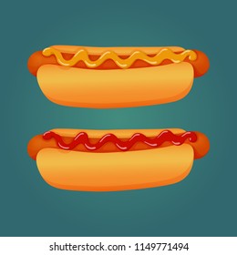 Vector illustration. Fast food icon. Hot dogs with ketchup and mustard isolated on a blue background.