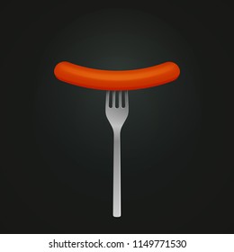 Vector illustration of a fast food icon. Sausage on a metal fork on a dark background.