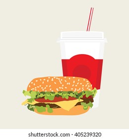 Vector illustration fast food icon. Cheeseburger and soda drink. Hamburger