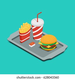 Vector Illustration. Fast Food Icon. Tray With Burger, French Fries And A Drink. Isometry, 3D.