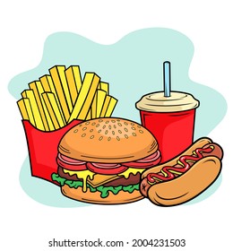 vector illustration of fast food include burger hotdog french fries and drink isolated on smooth background