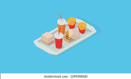 Vector illustration fast food isometric tray with french fries, hamburger, soda and burger box