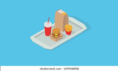 Vector illustration fast food isometric tray with fast food paper bag, french fries, hamburger and soda