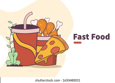 vector illustration fast food or junk food with soda drink, fried chicken and pizza. can use for, landing page, banner, poster, print, web, blog, homepage, flyer, brochure, template, menu list.