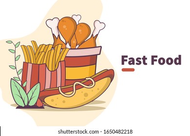 vector illustration fast food or junk food with french fries sticks fried chicken hot dog. can use for, landing page, banner, poster, print, web, blog, homepage, flyer, brochure, template, menu list.