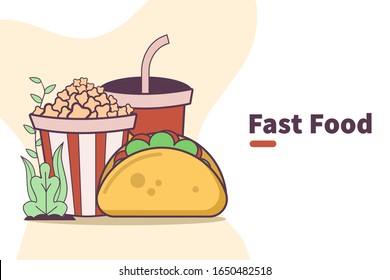 vector illustration fast food or junk food with popcorn, soda drink, sandwitch. can use for, landing page, banner, poster, print, web, blog, homepage, flyer, brochure, template, menu list.