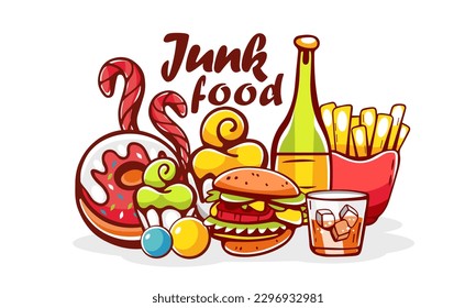 Vector illustration of fast food and junk food lettering in cartoon style.