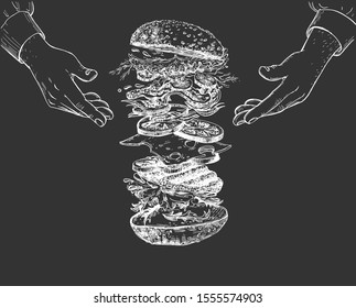 Vector illustration of fast food. Levitating burger ingredients. Hamburger, bun, meat cutlet, bacon, pickles, onion, cheese, paprika, salad. Cook chef hands. Vintage hand drawn style on black.