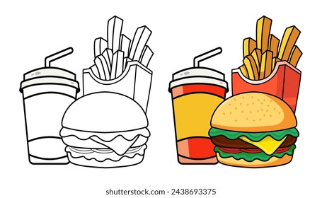 Vector Illustration of fast food with lines and colors, for children's coloring book