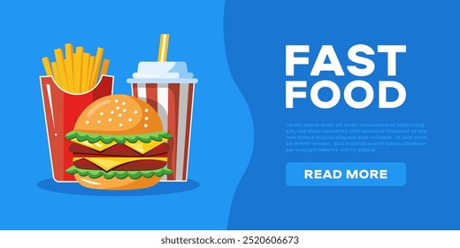 Vector illustration of fast food meal with a burger, fries, and drink on blue background with Fast Food text. Ideal for food promotions, restaurant menus, and advertising