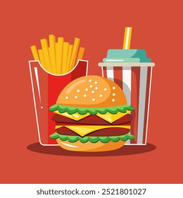 Vector illustration of fast food meal with burger, fries, and drink on red background. Perfect for food-related themes, restaurant menus, and fast food promotions.