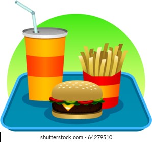 vector illustration of a fast food meal consisting of a hamburger, soda and french fries, all resting on a plastic tray.