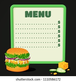 Vector illustration of fast food menu with burger and cucumber slices with cheese on a dark background.
