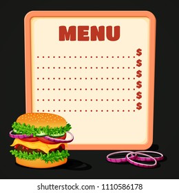 Vector illustration of fast food menu with meat burger and red onion slices on a dark background.