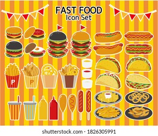 Vector illustration of fast food menu. Hamburgers, french fries, hot dogs