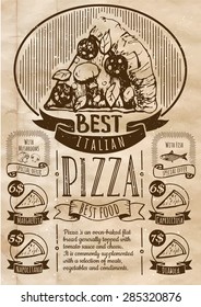 Vector illustration with fast food menu. Poster on old paper. A delicious slice of pizza with sausage.