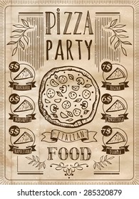 Vector illustration with fast food menu. Poster on old paper. A delicious slice of pizza with sausage.