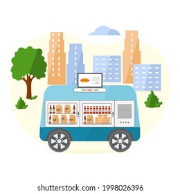 Vector illustration Fast food online order for delivery by self-driving transportation. Food delivery automated car, autonomous vehicle, driverless transport. Scientific, technical progress. Robot