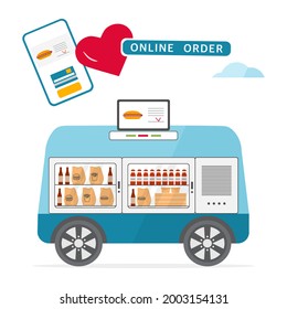 Vector illustration Fast food online order for delivery by self-driving transportation. Food delivery automated car, autonomous vehicle, driverless transport. Scientific, technical progress. Robot