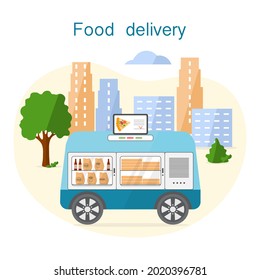 Vector illustration Fast food online order for delivery by self-driving transportation. Food delivery automated car, autonomous vehicle, driverless transport. Scientific, technical progress. Robot