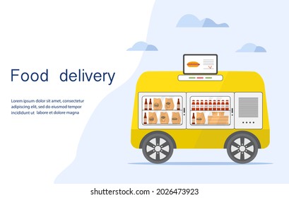 Vector illustration Fast food online order for delivery by self-driving transportation. Food delivery automated car, autonomous vehicle, driverless transport. Scientific, technical progress. Robot