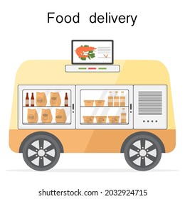 Vector illustration Fast food online order for delivery by self-driving transportation. Food delivery automated car, autonomous vehicle, driverless transport. Scientific, technical progress. Robot