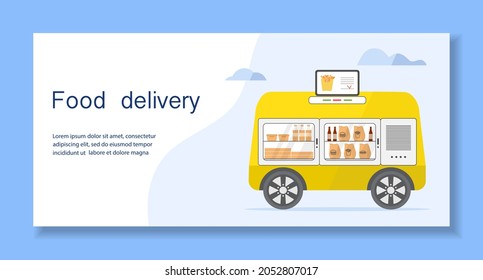 Vector illustration Fast food online order for delivery by self-driving transportation. Food delivery automated car, autonomous vehicle, driverless transport. Scientific, technical progress. Robot