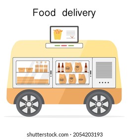 Vector illustration Fast food online order for delivery by self-driving transportation. Food delivery automated car, autonomous vehicle, driverless transport. Scientific, technical progress. Robot