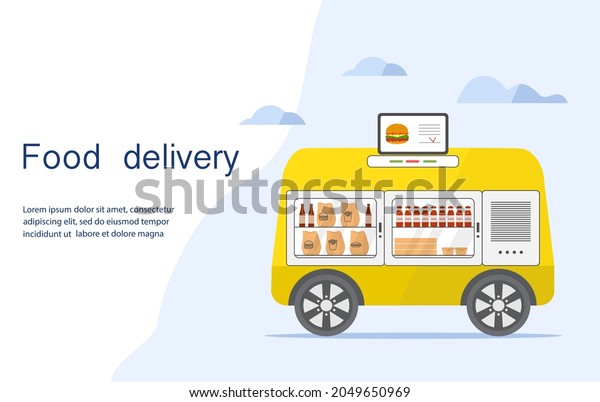 Vector illustration Fast food online order for\
delivery by self-driving transportation. Food delivery automated\
car, autonomous vehicle, driverless transport. Scientific,\
technical progress.\
Robot