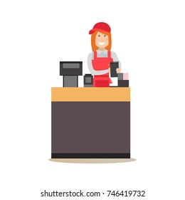 Vector illustration of fast food restaurant worker saleswoman taking order. Food people flat style design element, icon isolated on white background.