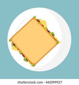 Vector illustration fast food sandwich on plate top view isolated on blue background. Sandwich icon.
