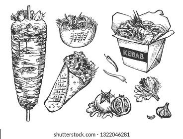 Vector illustration of fast food set. Vertical split meat for kebab in paper wok container and deep dish, burrito, pita roll, tomatoes, garlic, hot pepper, cauliflower. Vintage hand drawn style.