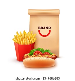 Vector illustration of fast food set: French fries in red carton box, hot dog with vegetables and kraft package with text isolated on white background