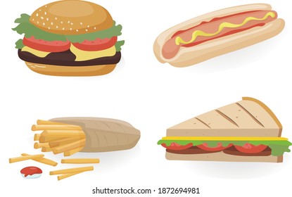 ilustración vectorial de la comida rápida. Un juego de hamburguesas, perritos calientes, sándwiches, patatas fritas. Para el menú, postales, deliciosos elementos de diseño.