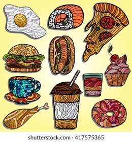 Vector illustration of fast food. Set of snacks, menu design for restaurants, cafes.The concept of delivery, a healthy diet