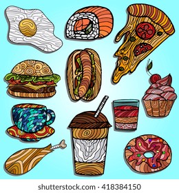 Vector illustration of fast food. Set of snacks, menu design for restaurants, cafes.The concept of delivery, a healthy diet
