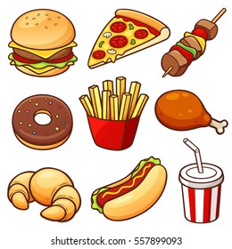 Vector illustration of Fast food set. Pizza, hamburger, fries potatoes, hot dog, chicken leg