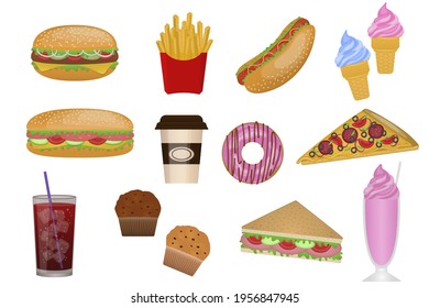 Imagen vectorial de un set de comida rápida.Cheeseburger, sándwich, tostada, pizza, hot dog, papas fritas, muffins.helado, rosquilla, café, cóctel, refresco.