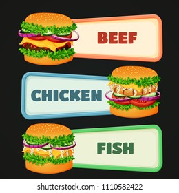 Vector illustration of fast food signs with grilled chicken burger, beef burger and burger with coated patty on a dark background.