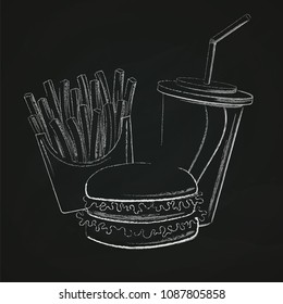 Vector illustration of a of fast food silhouettes. Burger with salad, french fries and soft drink  drawn with chalk on a blackboard.