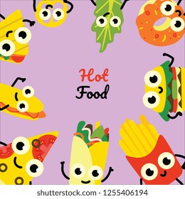 Vector illustration of fast food square banner with frame of hot and tasty full meals and vegetables cartoon characters with cute smiling faces on violet background in flat style.