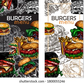 Vector illustration of fast food in the style of the sketch. Burgers, pizza, sandwiches, fries, burgers. High-quality detailed drawing of elements.