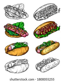 Vector illustration of fast food in the style of the sketch. Burgers, pizza, sandwiches, fries, burgers. High-quality detailed drawing of elements.