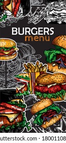 Vector illustration of fast food in the style of the sketch. Burgers, pizza, sandwiches, fries, burgers. High-quality detailed drawing of elements.