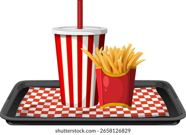 Vector illustration of a fast food tray with fries and a striped drink cup. Bright colors and clean composition